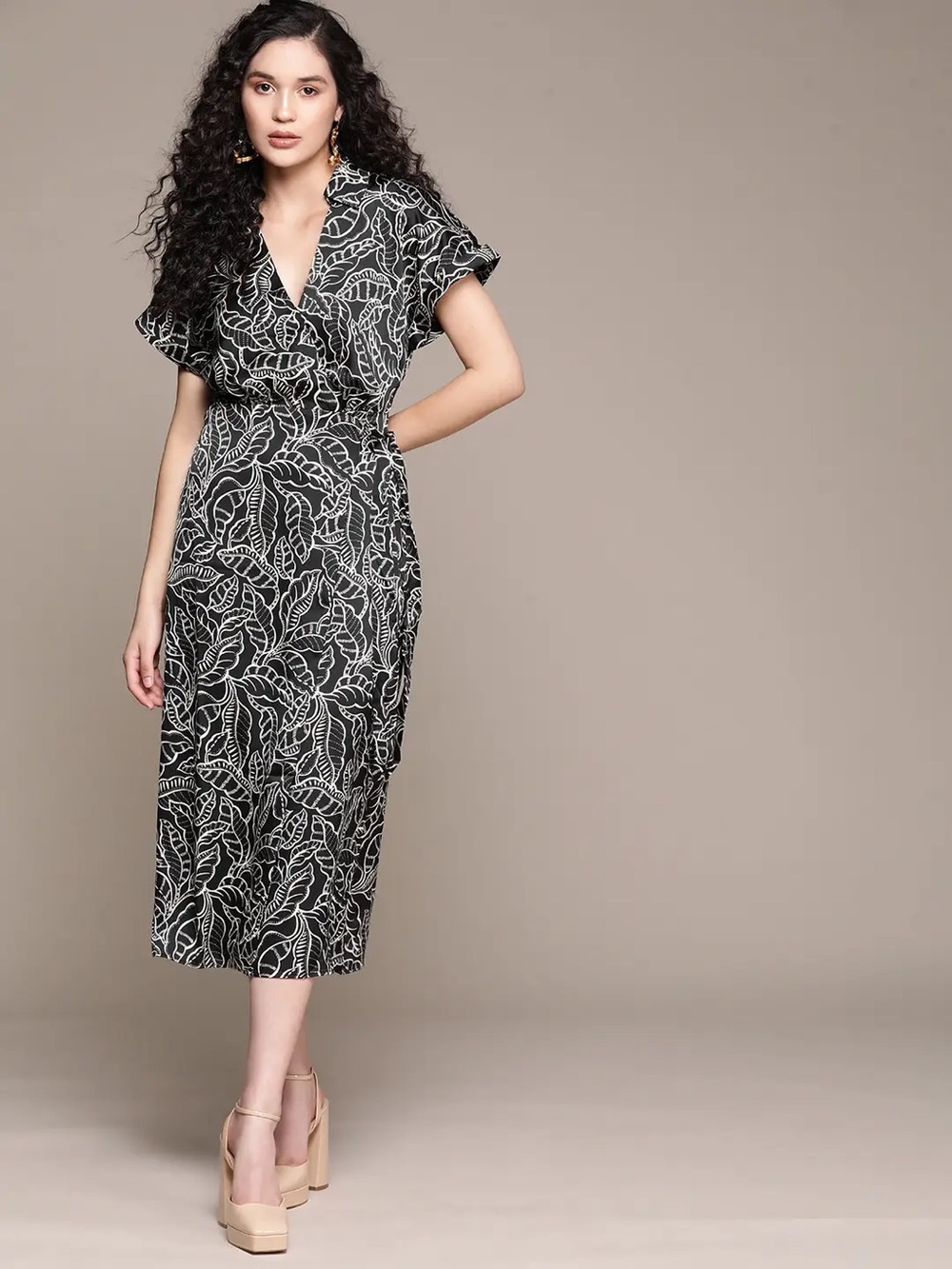 NWT Mango Black & White Leaf-Print Midi  Wrap Dress
